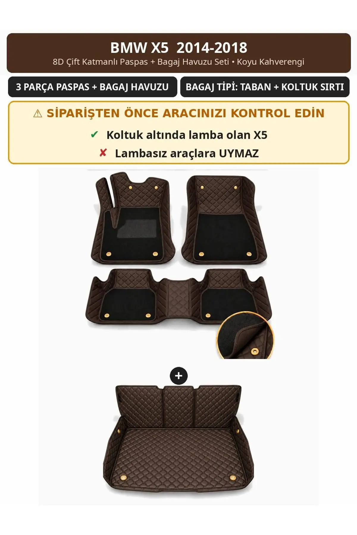 BMW X5 2014-2018 8D Çift Katmanlı Paspas + Bagaj Havuzu Seti Koyu Kahverengi 1