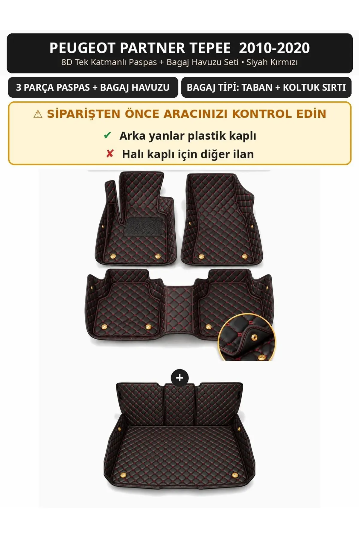 Peugeot Partner Tepee 2010-2020 Arka Yan Plastik 8D Tek Katmanlı Paspas + Bagaj Havuzu Seti Siyah Kırmızı 1