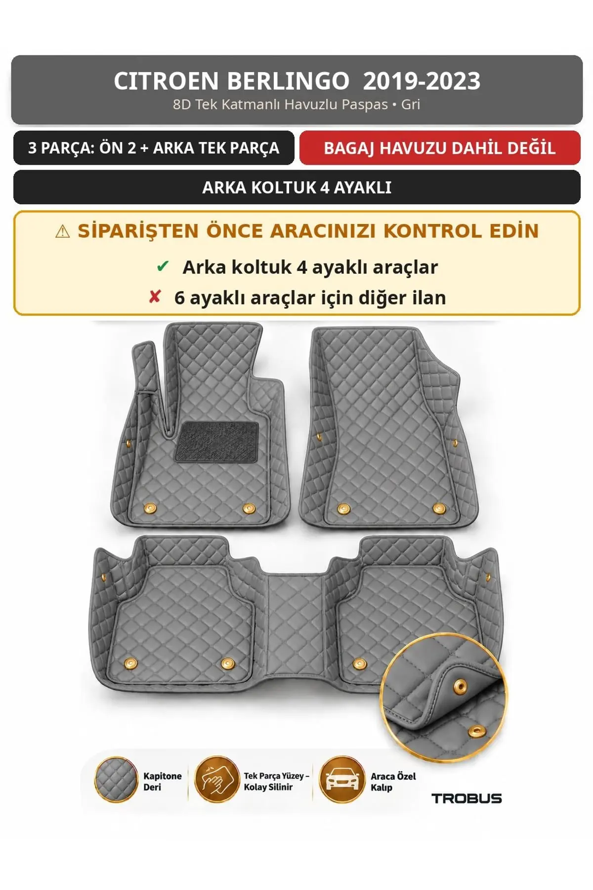 Citroen Berlingo 2019-2023 4 Ayaklı Arka Koltuk 8D Tek Katmanlı Havuzlu Paspas Deri Gri 1