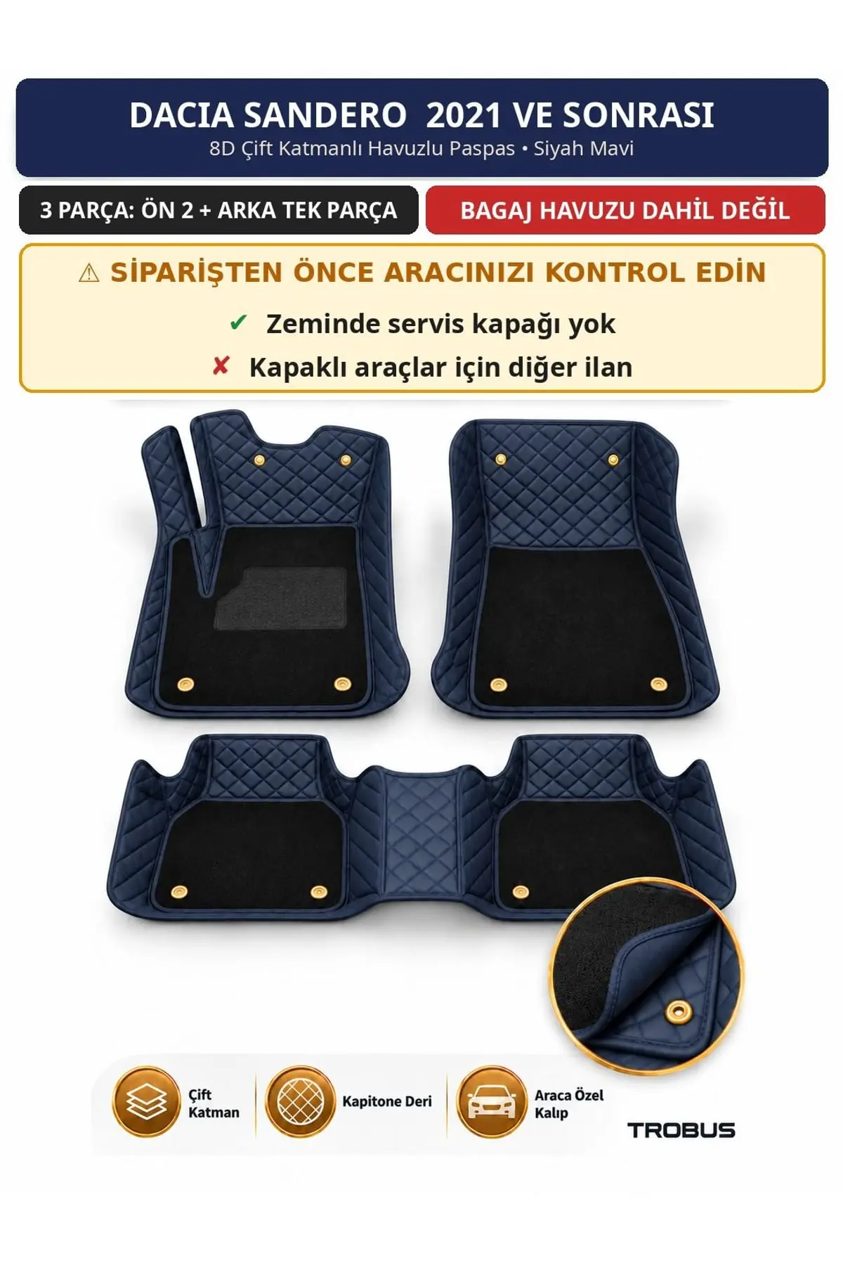 Dacia Sandero 2021+ Servis Kapaksız 8D Çift Katmanlı Havuzlu Paspas Kapitone Deri Siyah Mavi 1