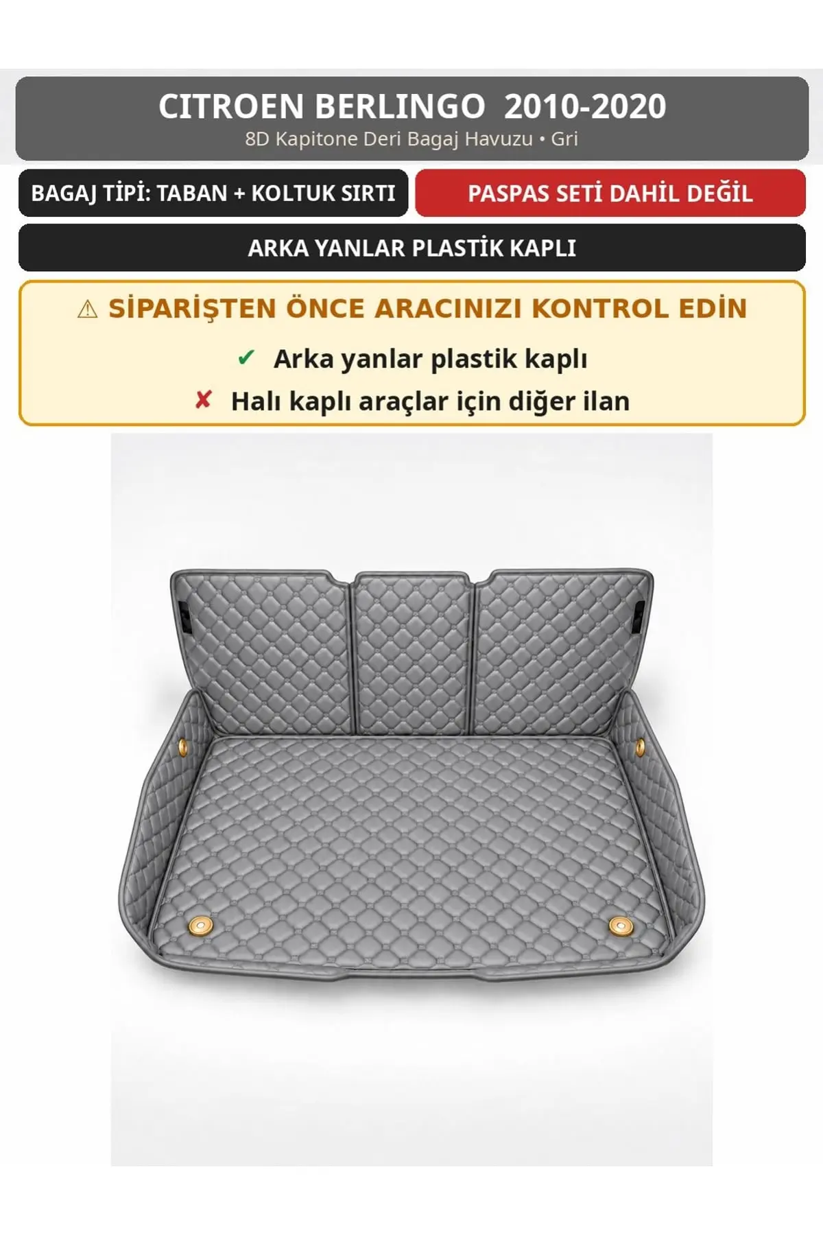 Citroen Berlingo 2010-2020 Arka Yan Plastik 8D Kapitone Deri Bagaj Havuzu Sırt Kaplamalı Gri 1