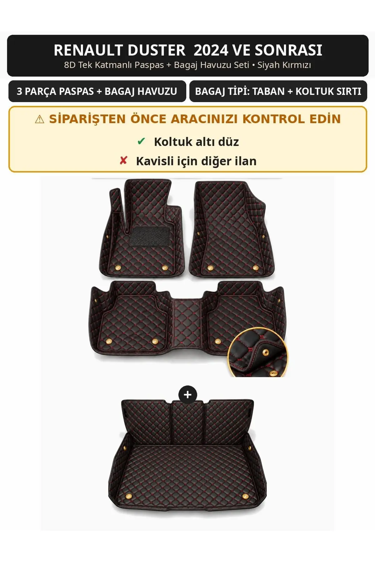 Renault Duster 2024+ Düz Koltuk Altı 8D Tek Katmanlı Paspas + Bagaj Havuzu Seti Siyah Kırmızı 1