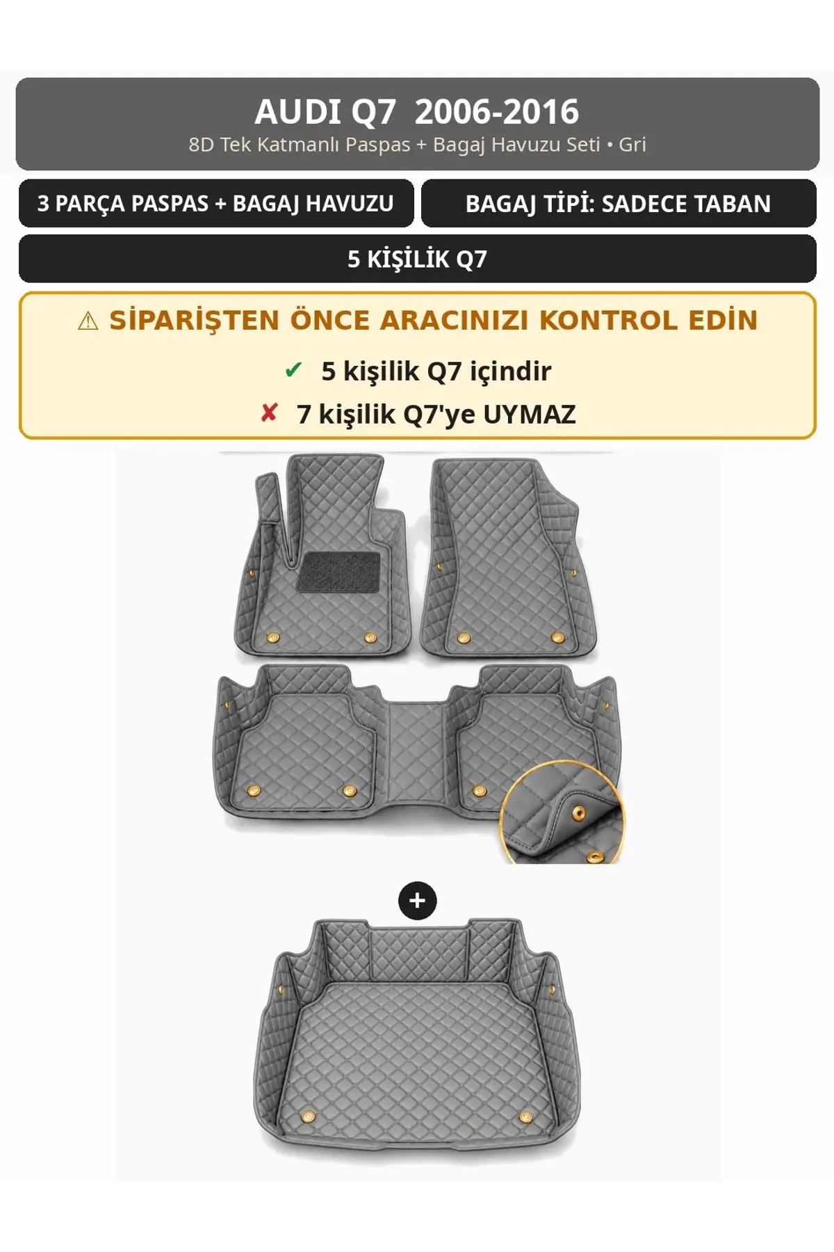 Audi Q7 2006-2016 5 Kişilik 8D Tek Katmanlı Paspas + Bagaj Havuzu Seti Gri 1