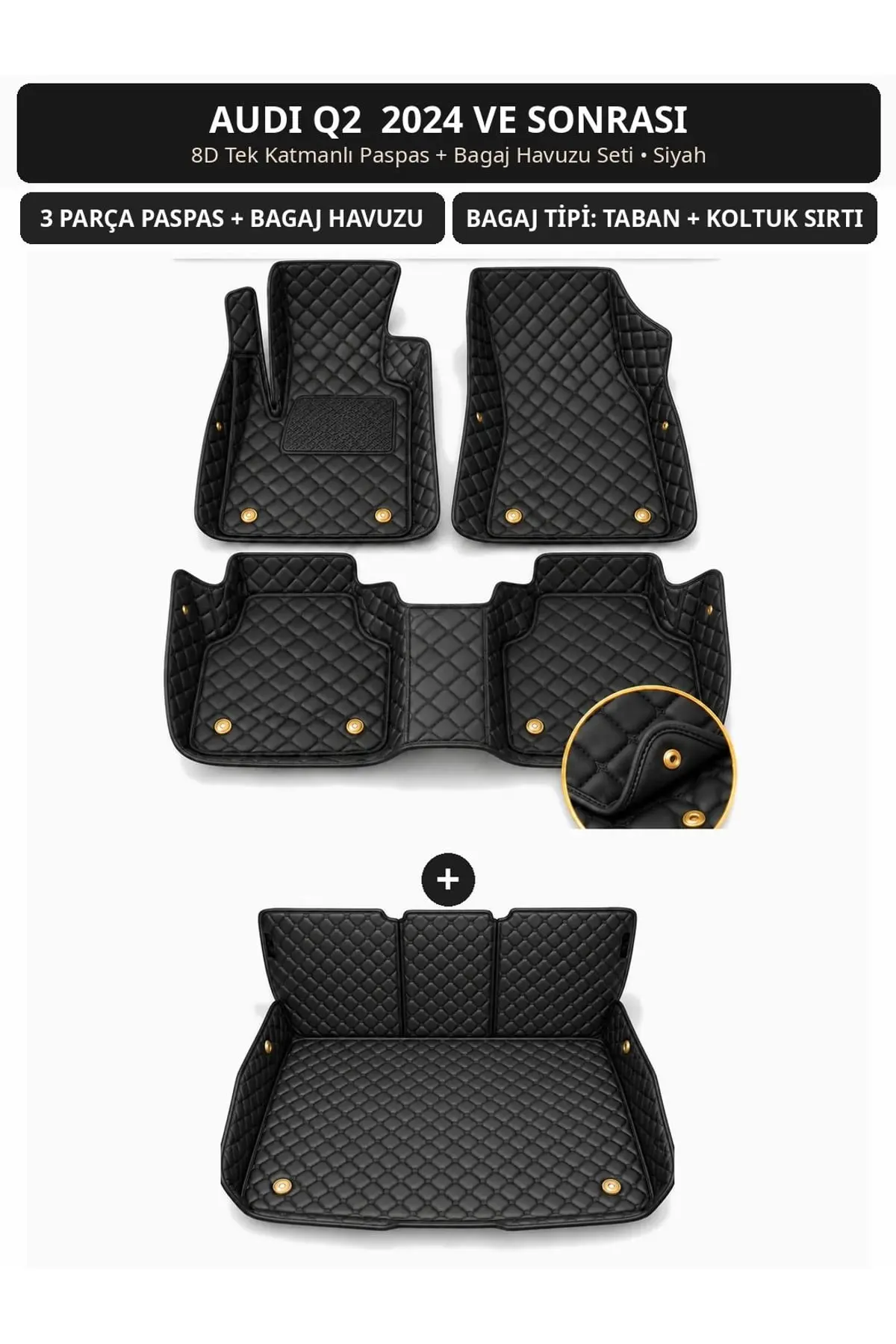 Audi Q2 2024+ 8D Tek Katmanlı Paspas + Bagaj Havuzu Seti Siyah 1