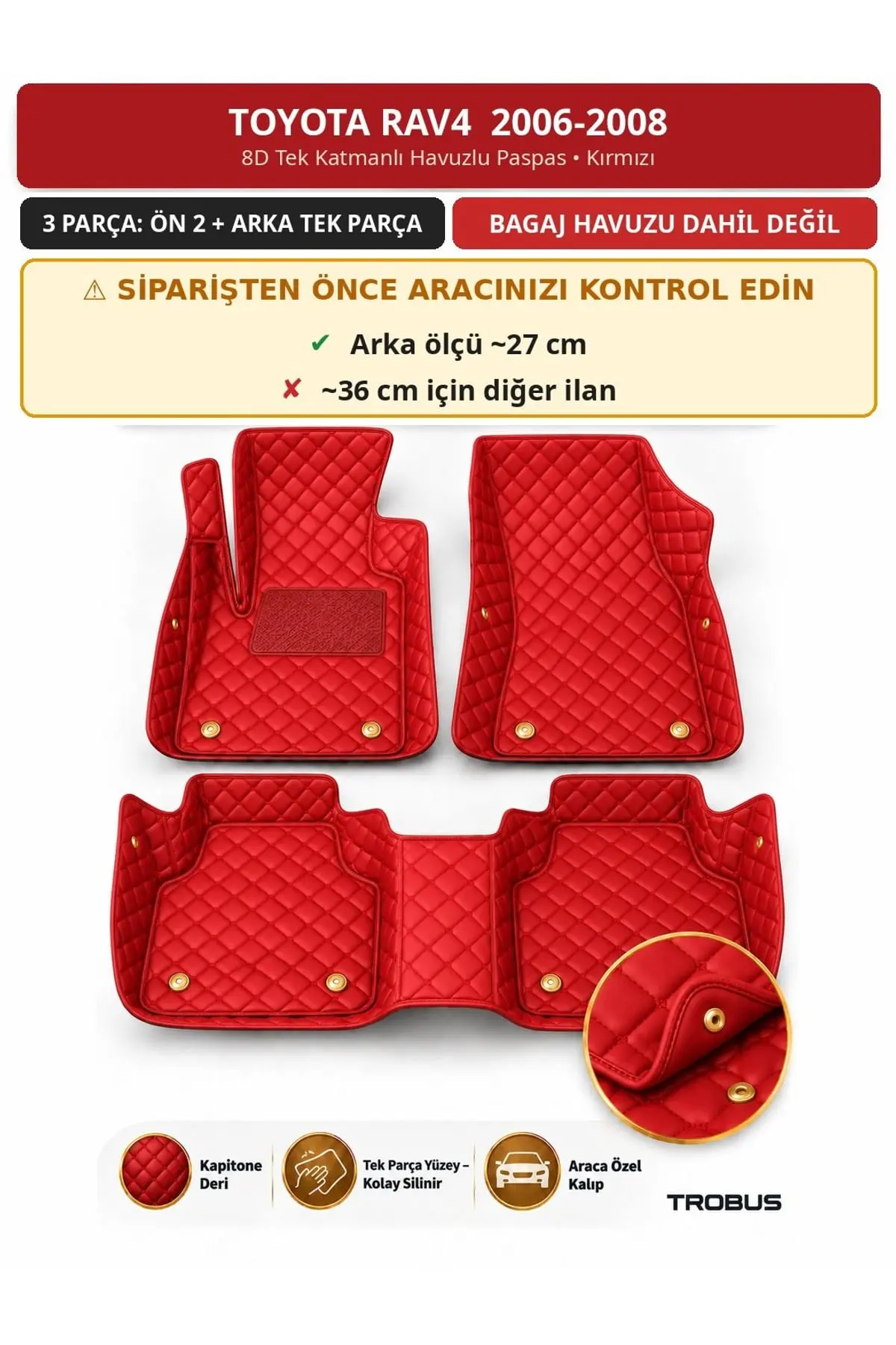 Toyota RAV4 2006-2008 27 cm 8D Tek Katmanlı Havuzlu Paspas Kapitone Deri Kırmızı 1