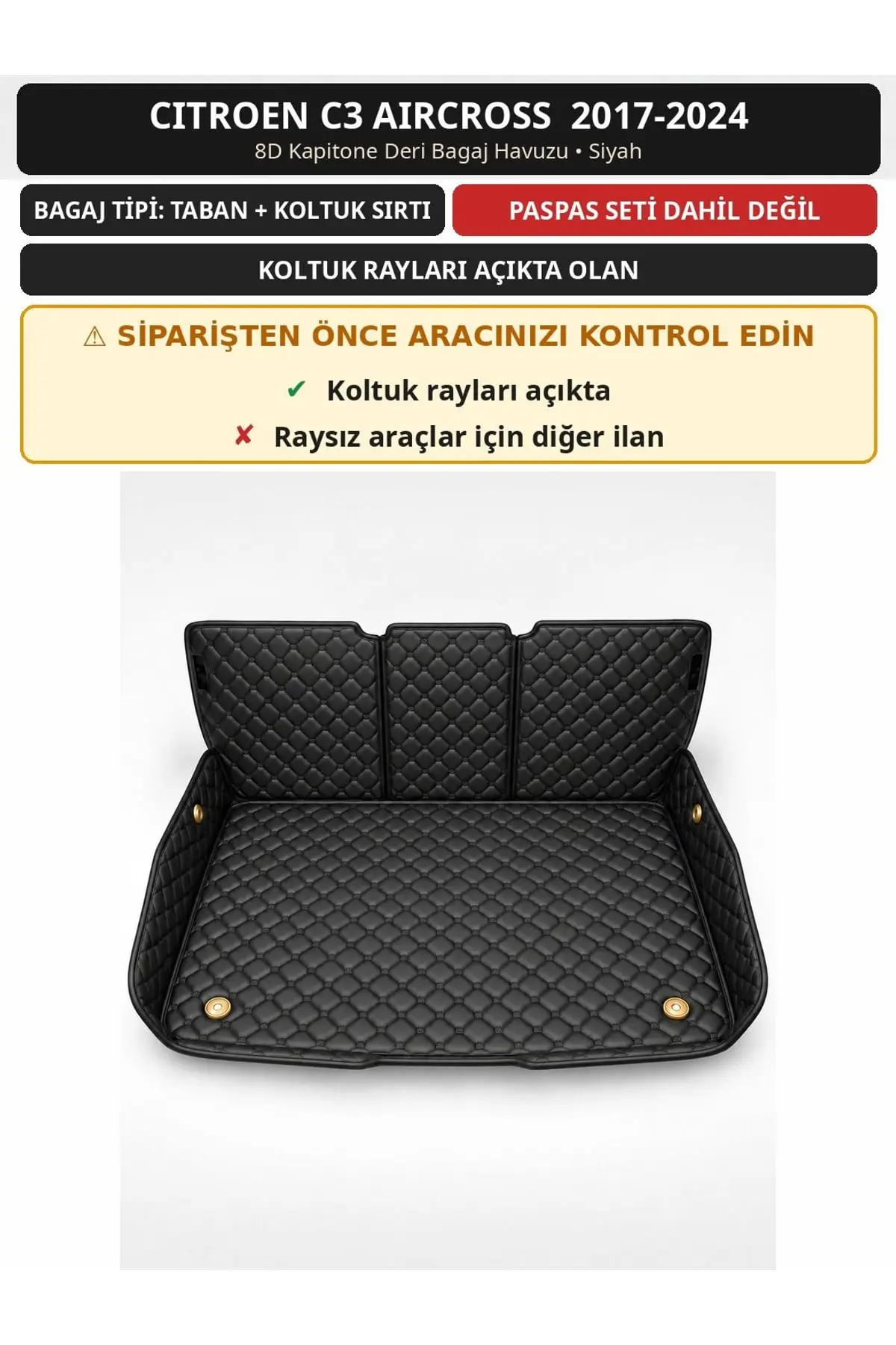 Citroen C3 Aircross 2017-2024 Koltuk Rayı Açık 8D Deri Bagaj Havuzu Sırt Kaplamalı Siyah 1