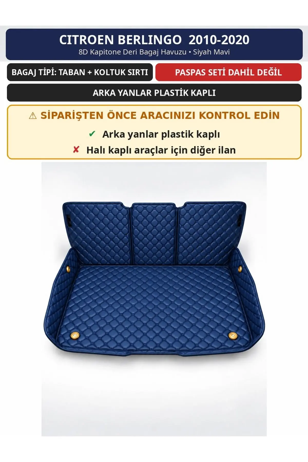 Citroen Berlingo 2010-2020 Arka Yan Plastik 8D Deri Bagaj Havuzu Sırt Kaplamalı Siyah Mavi 1