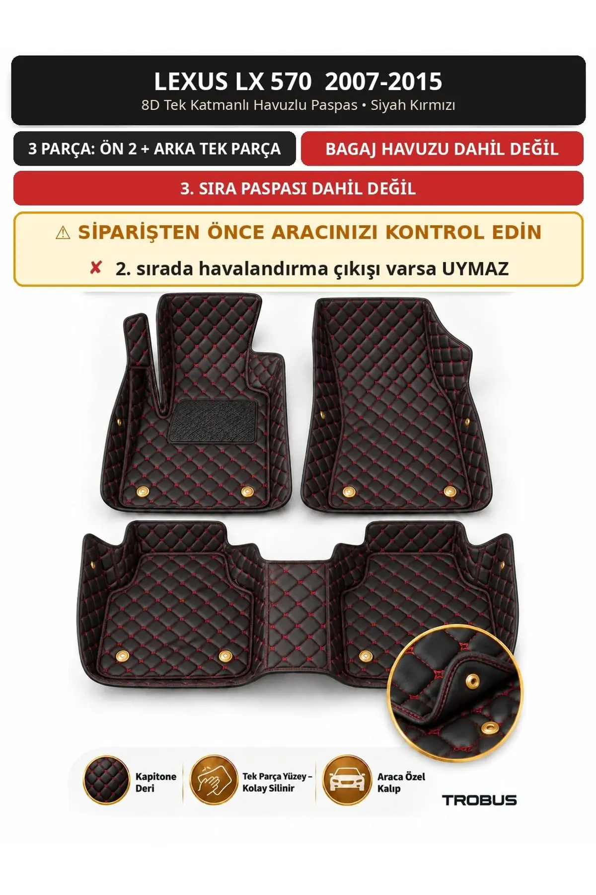 Lexus LX 570 2007-2015 8D Tek Katmanlı Havuzlu Paspas Kapitone Deri Siyah Kırmızı 1