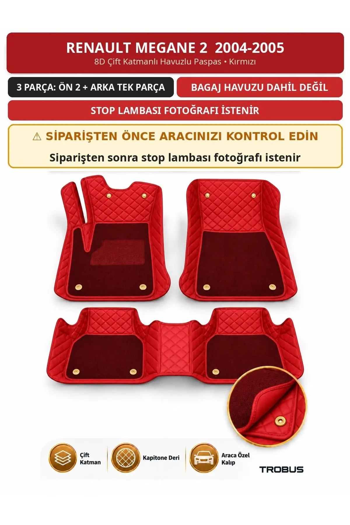 Renault Megane 2 2004-2005 8D Çift Katmanlı Havuzlu Paspas Kapitone Deri Kırmızı 1