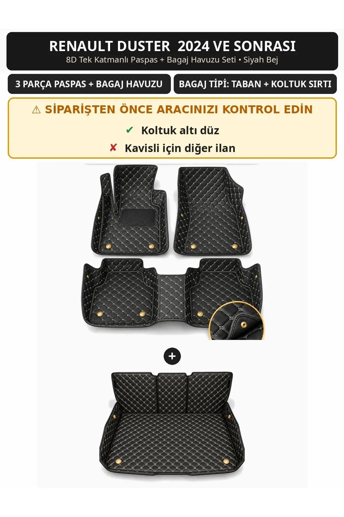 Renault Duster 2024+ Düz Koltuk Altı 8D Tek Katmanlı Paspas + Bagaj Havuzu Seti Siyah Bej 1
