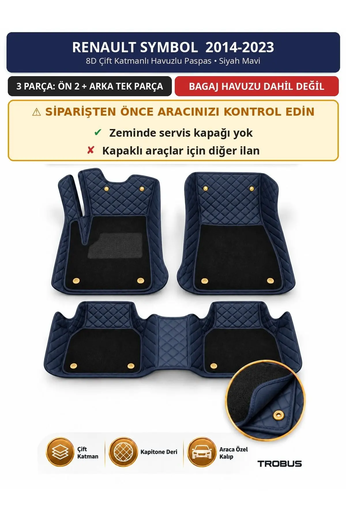 Renault Symbol 2014-2023 Servis Kapaksız 8D Çift Katmanlı Havuzlu Paspas Deri Siyah Mavi 1