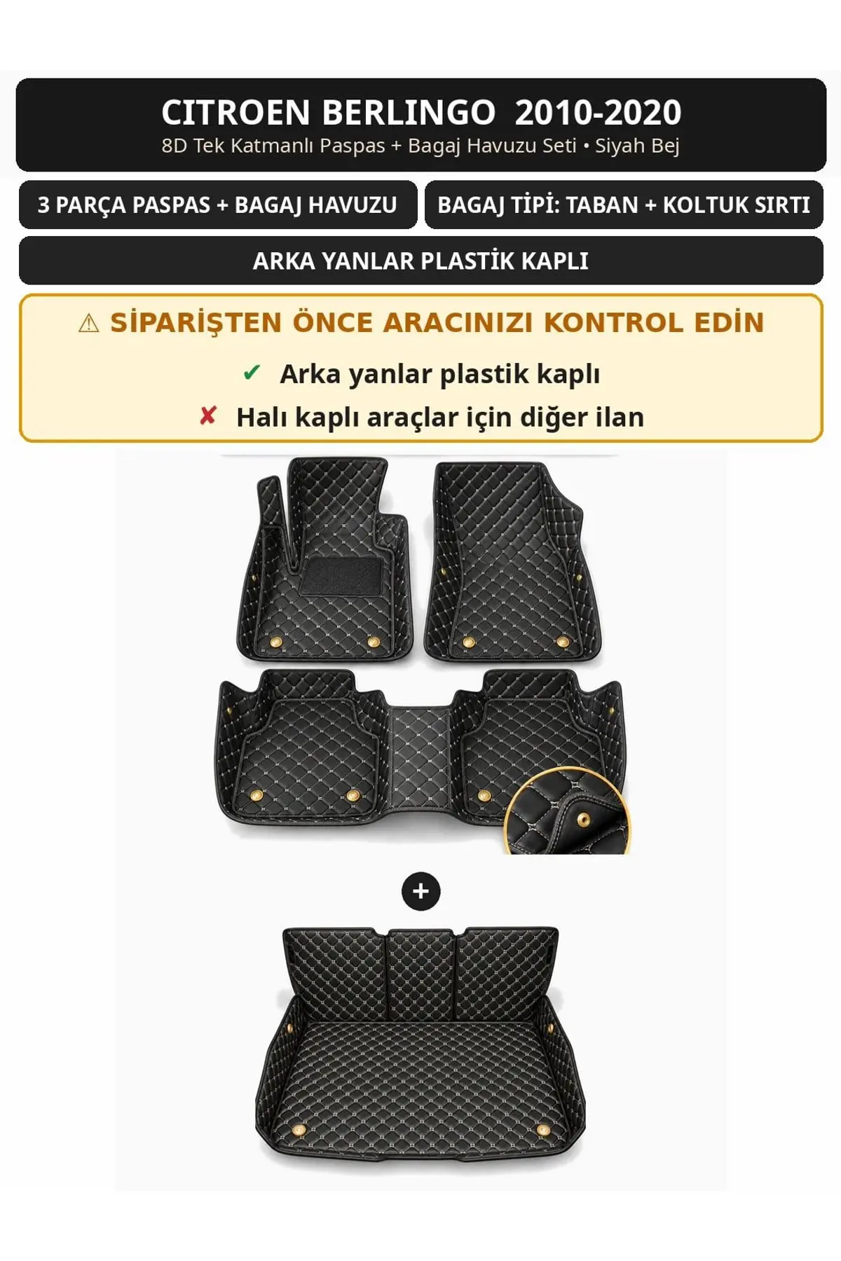 Citroen Berlingo 2010-2020 Arka Yan Plastik 8D Tek Katmanlı Paspas + Bagaj Havuzu Seti Siyah Bej 1