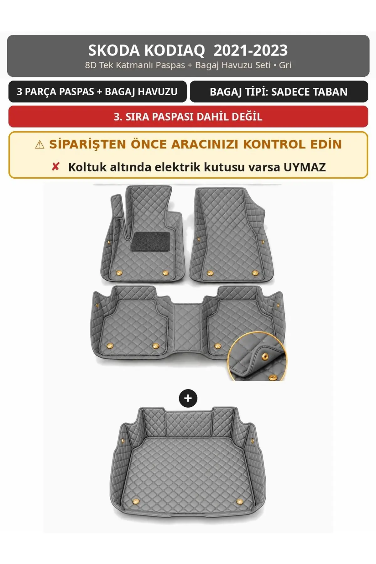 Skoda Kodiaq 2021-2023 7 Kişilik 8D Tek Katmanlı Paspas + Bagaj Havuzu Seti Gri 1
