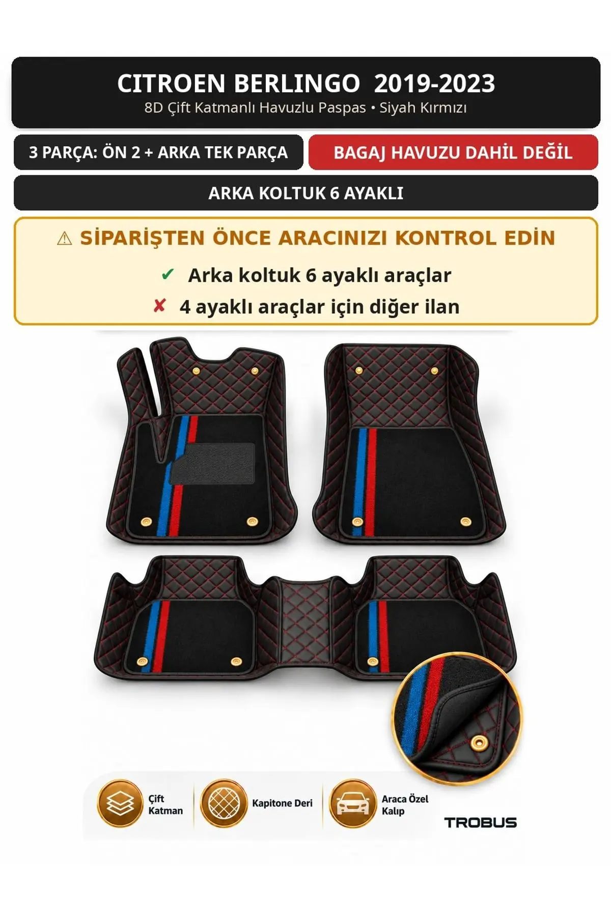 Citroen Berlingo 2019-2023 6 Ayaklı Arka Koltuk 8D Çift Katmanlı Paspas Deri Siyah Kırmızı 1