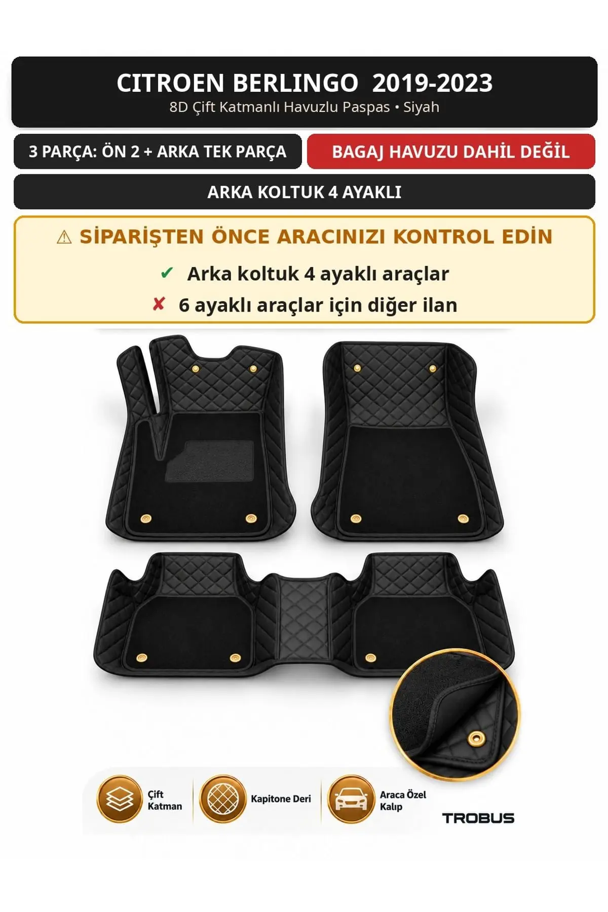 Citroen Berlingo 2019-2023 4 Ayaklı Arka Koltuk 8D Çift Katmanlı Havuzlu Paspas Deri Siyah 1