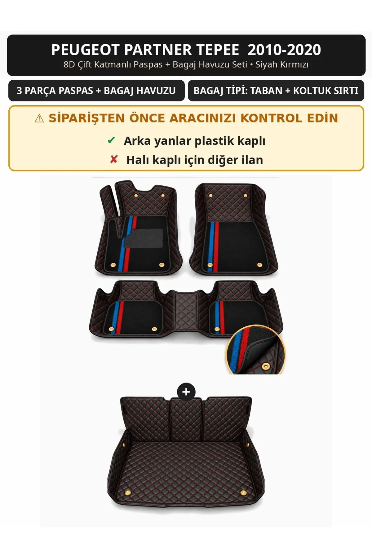 Peugeot Partner Tepee 2010-2020 Arka Yan Plastik 8D Çift Katmanlı Paspas + Bagaj Havuzu Seti Siyah Kırmızı 1