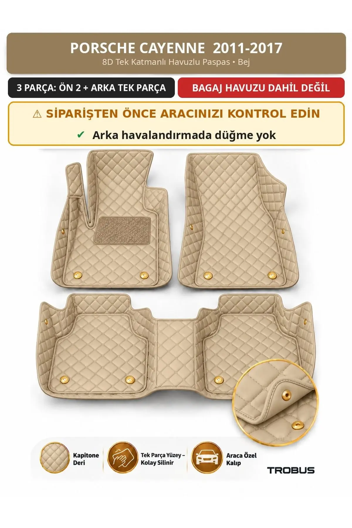 Porsche Cayenne 2011-2017 Izgara Düğmesiz 8D Tek Katmanlı Havuzlu Paspas Kapitone Deri Bej 1