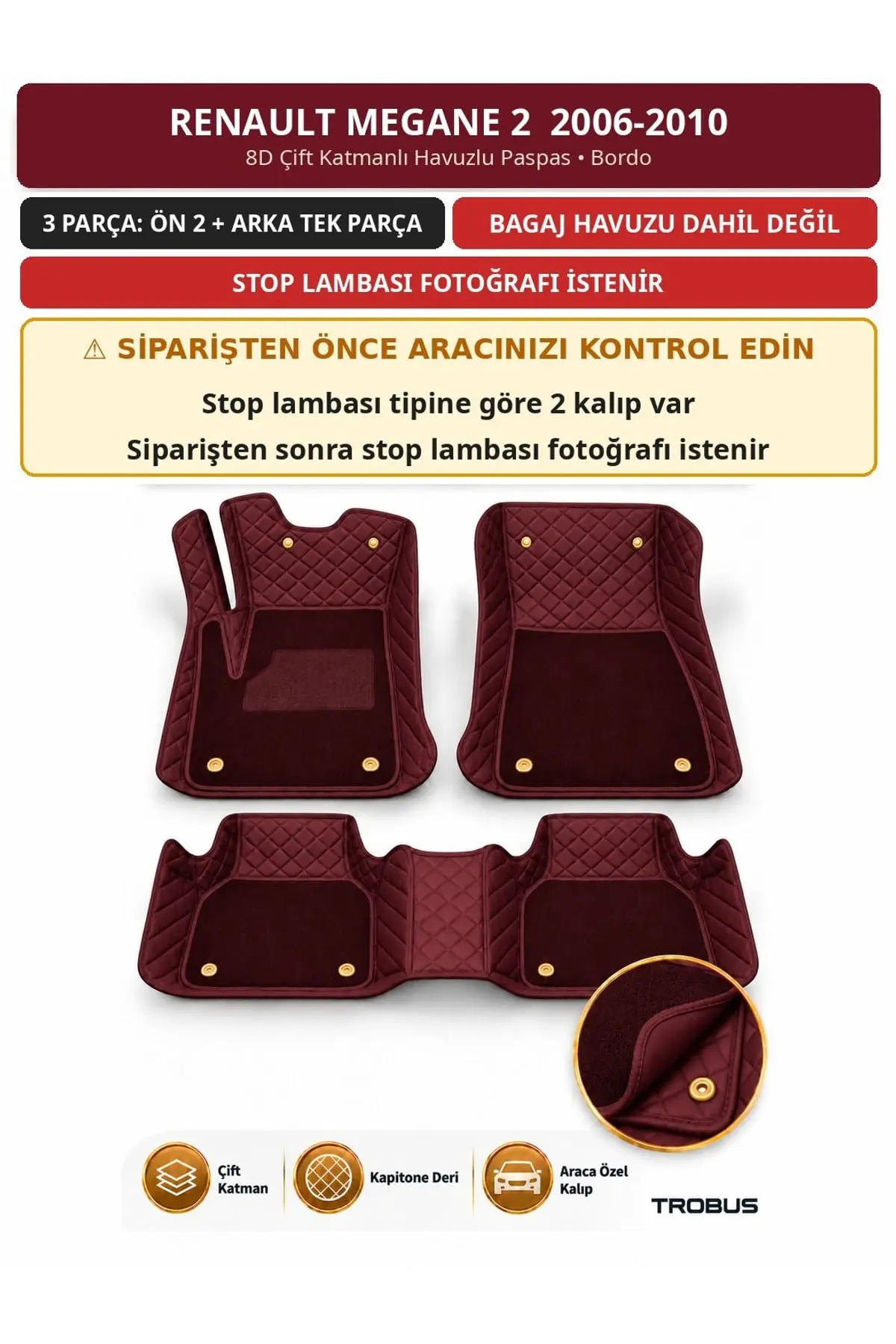 Renault Megane 2 2006-2010 8D Çift Katmanlı Havuzlu Paspas Kapitone Deri Bordo 1