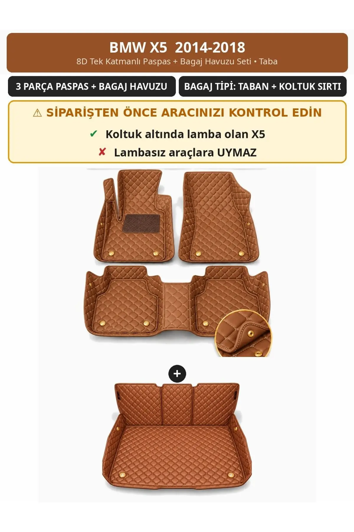 BMW X5 2014-2018 8D Tek Katmanlı Paspas + Bagaj Havuzu Seti Taba 1