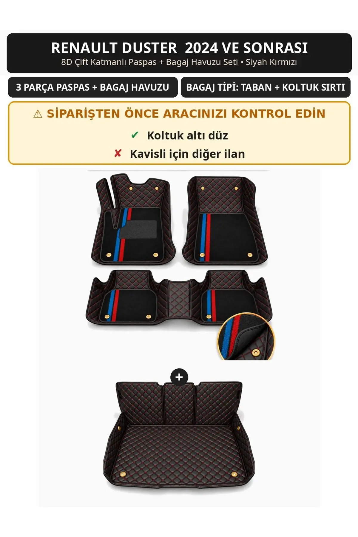 Renault Duster 2024+ Düz Koltuk Altı 8D Çift Katmanlı Paspas + Bagaj Havuzu Seti Siyah Kırmızı 1