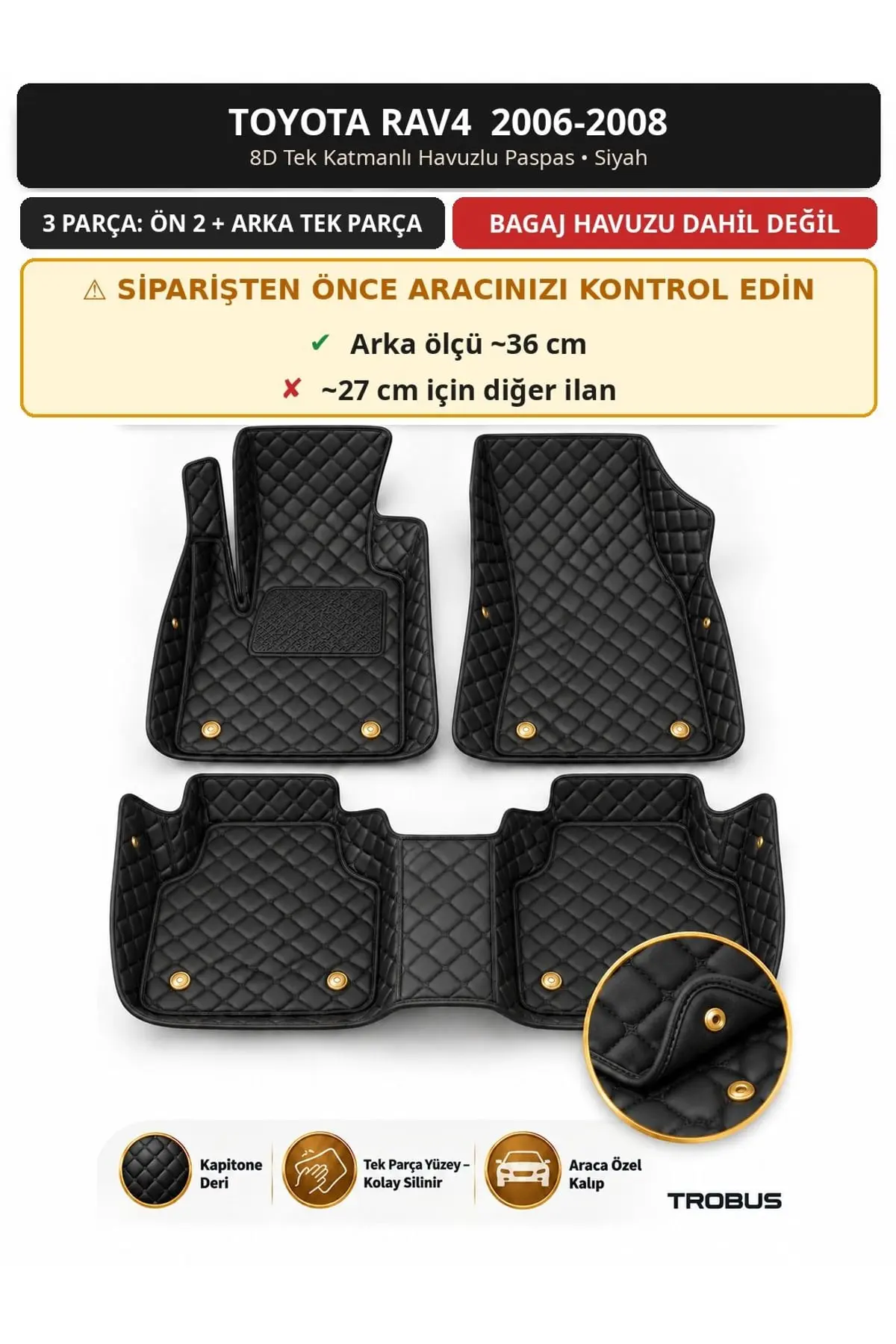Toyota RAV4 2006-2008 36 cm 8D Tek Katmanlı Havuzlu Paspas Kapitone Deri Siyah 1