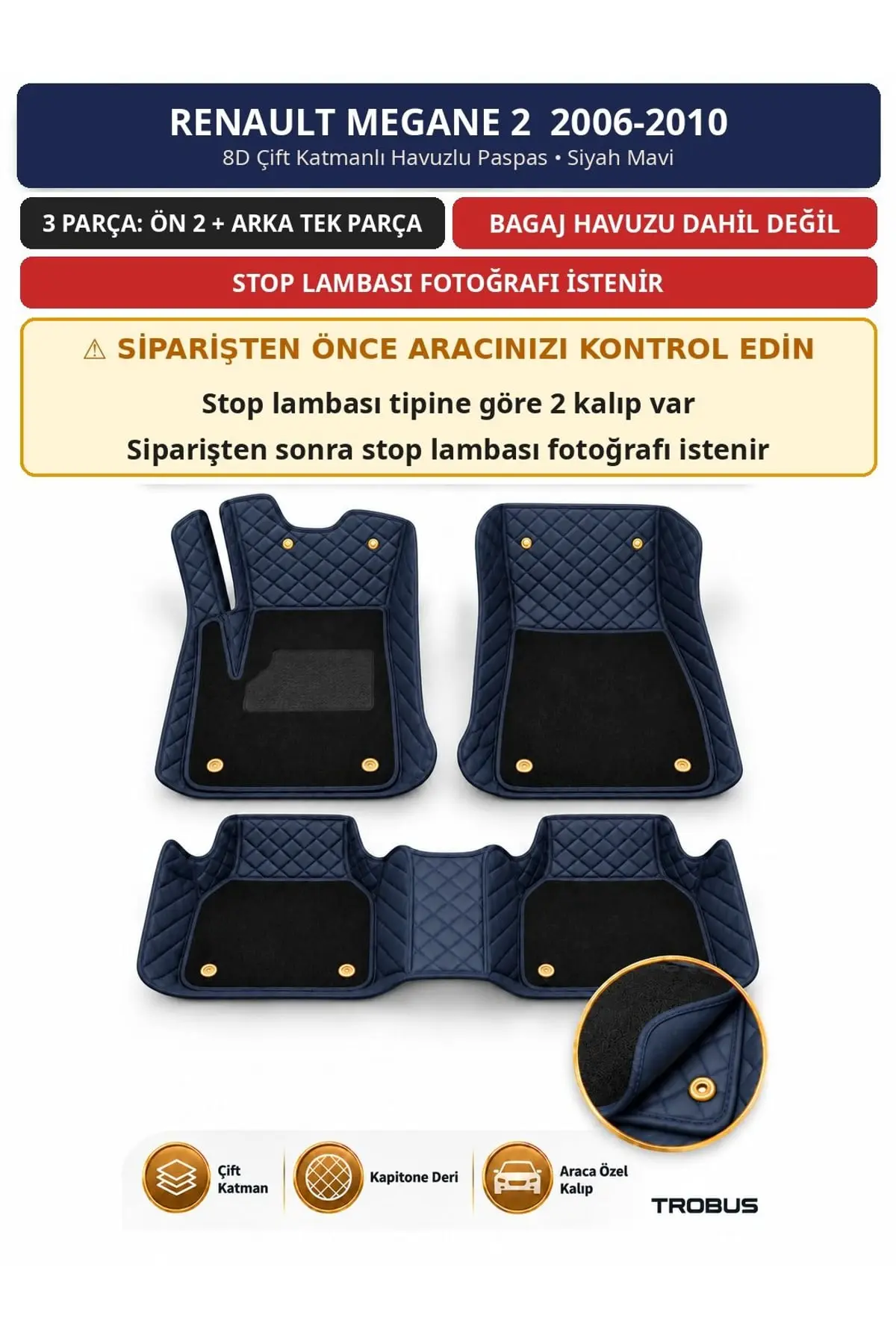 Renault Megane 2 2006-2010 8D Çift Katmanlı Havuzlu Paspas Kapitone Deri Siyah Mavi 1