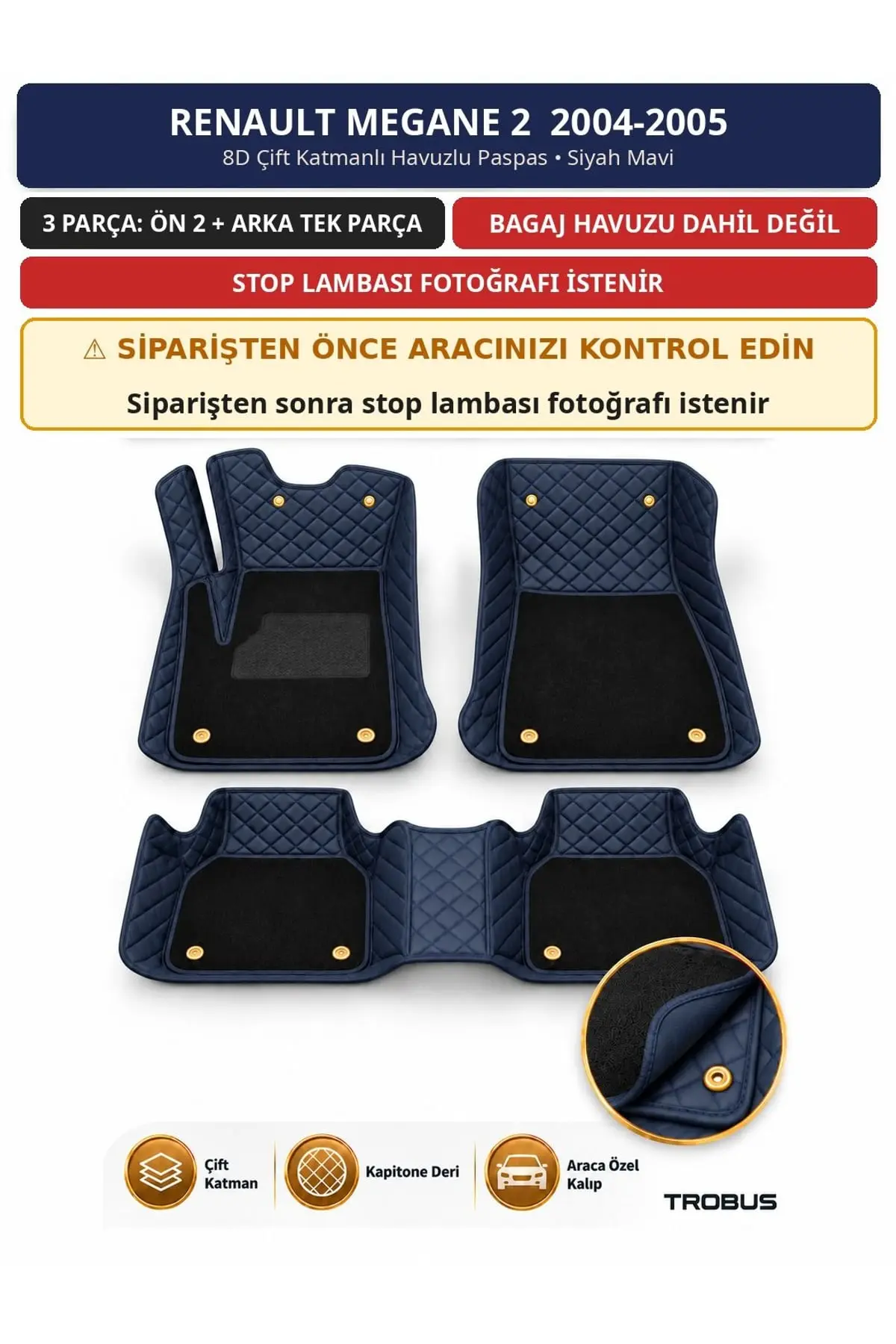 Renault Megane 2 2004-2005 8D Çift Katmanlı Havuzlu Paspas Kapitone Deri Siyah Mavi 1