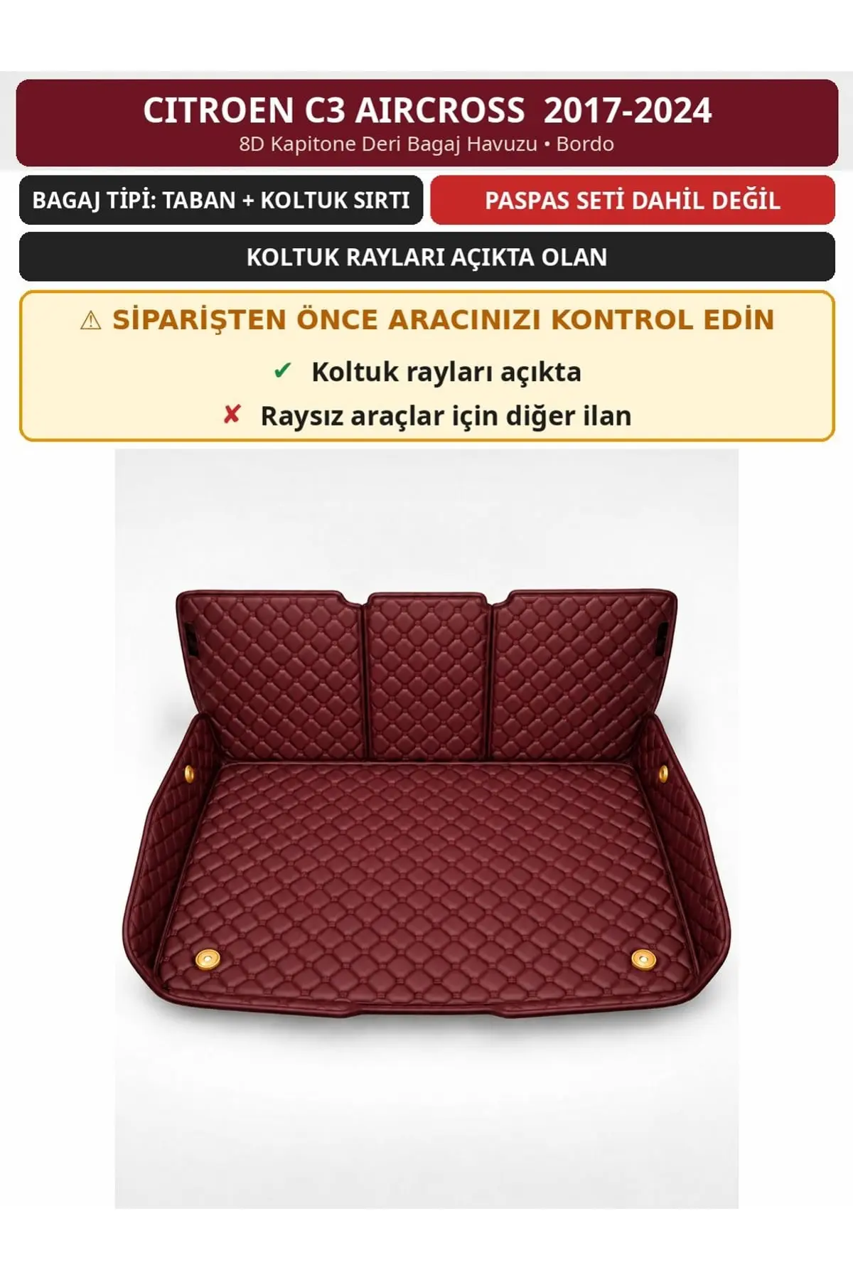 Citroen C3 Aircross 2017-2024 Koltuk Rayı Açık 8D Deri Bagaj Havuzu Sırt Kaplamalı Bordo 1