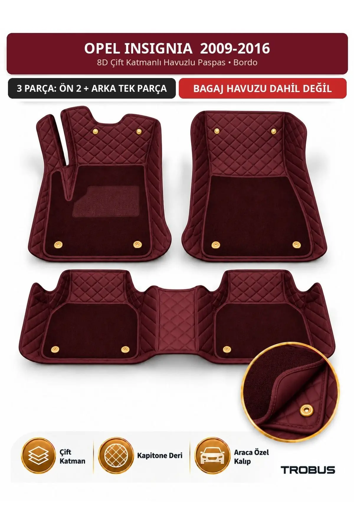 Opel Insignia 2009-2016 8D Çift Katmanlı Havuzlu Paspas Kapitone Deri Bordo 1