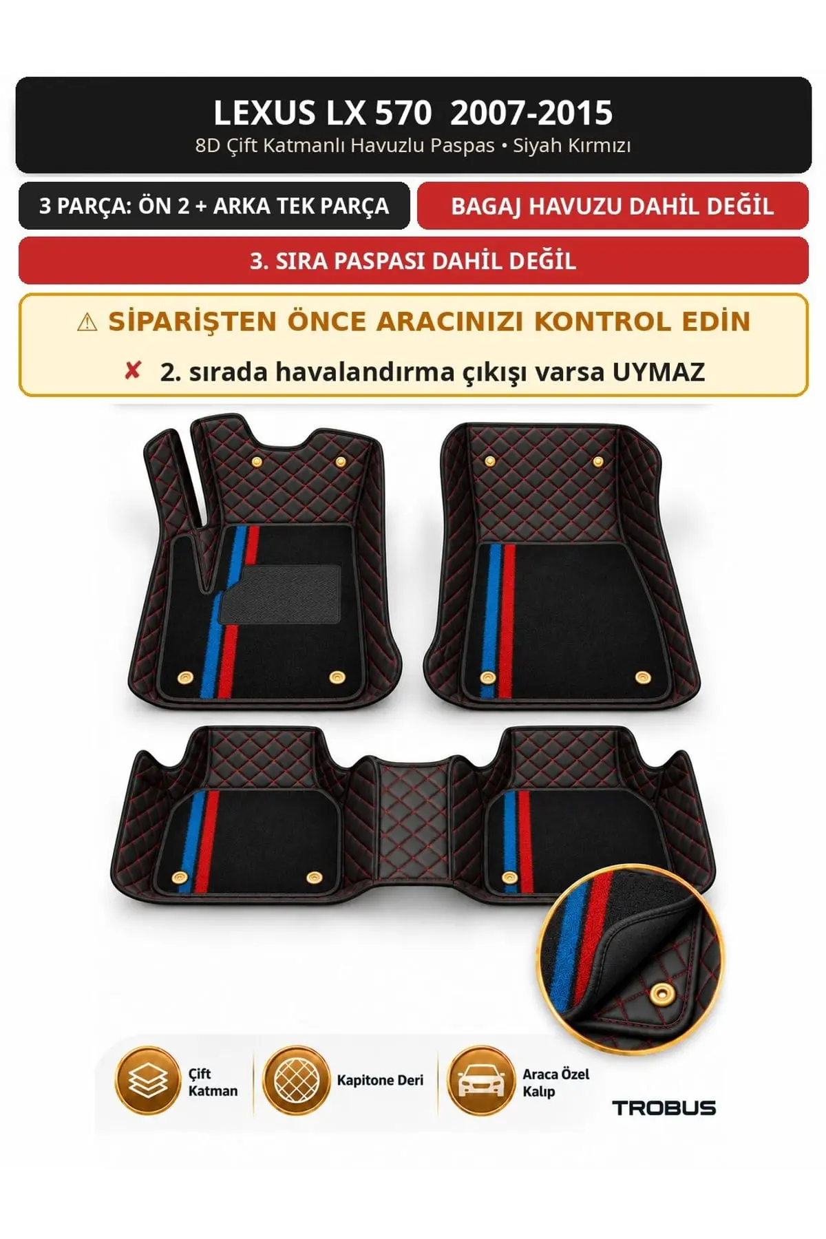 Lexus LX 570 2007-2015 8D Çift Katmanlı Havuzlu Paspas Kapitone Deri Siyah Kırmızı 1