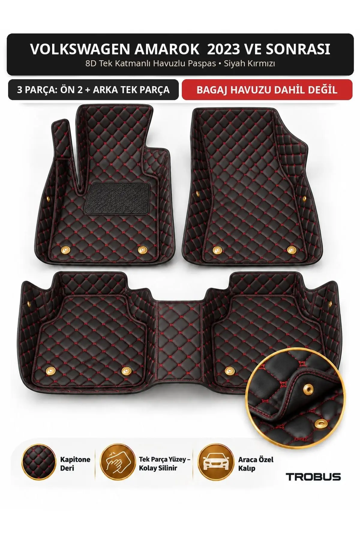 Volkswagen Amarok 2023+ 8D Tek Katmanlı Havuzlu Paspas Kapitone Deri Siyah Kırmızı 1