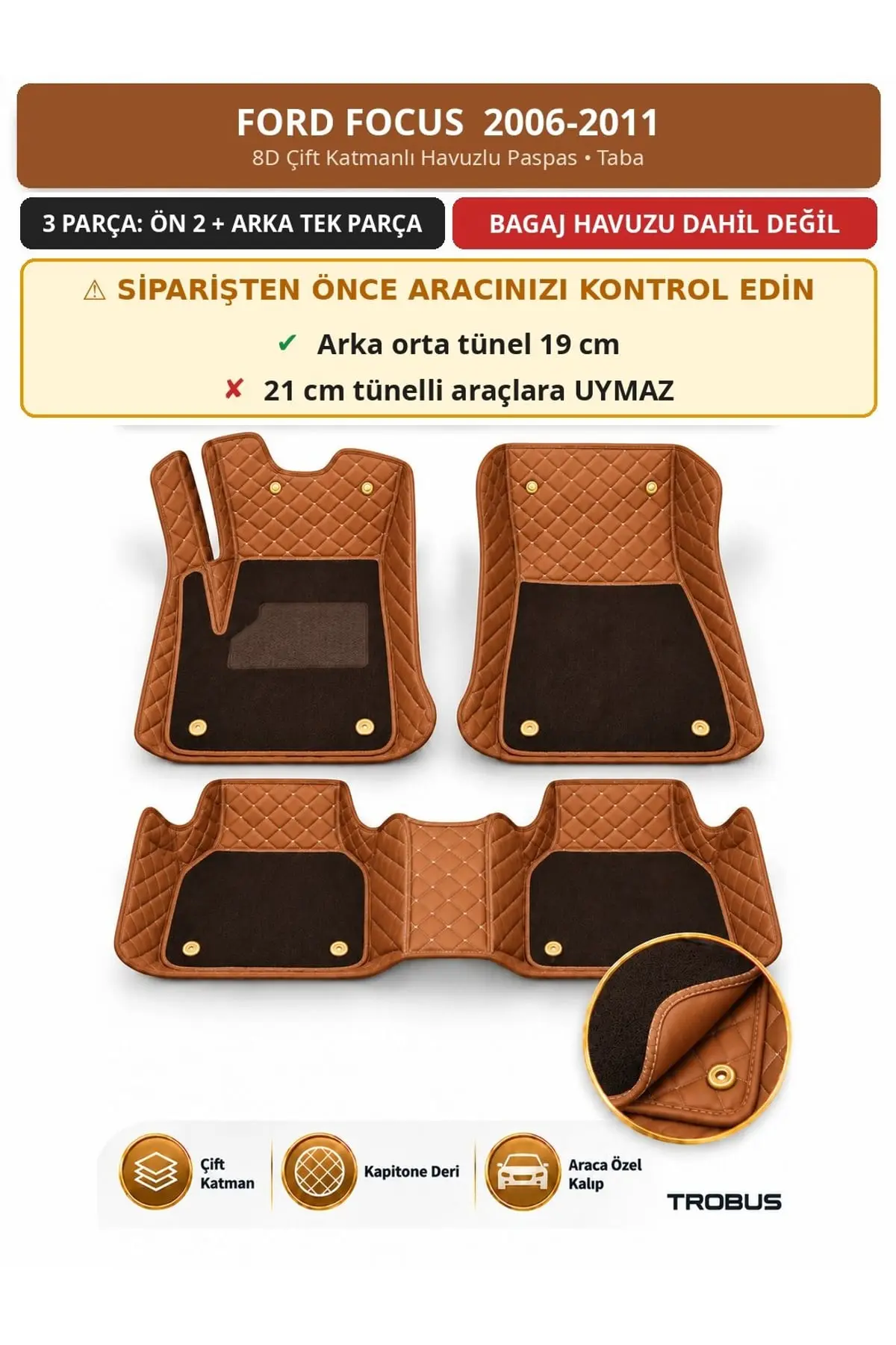 Ford Focus 2006-2011 8D Çift Katmanlı Havuzlu Paspas Kapitone Deri Taba 1