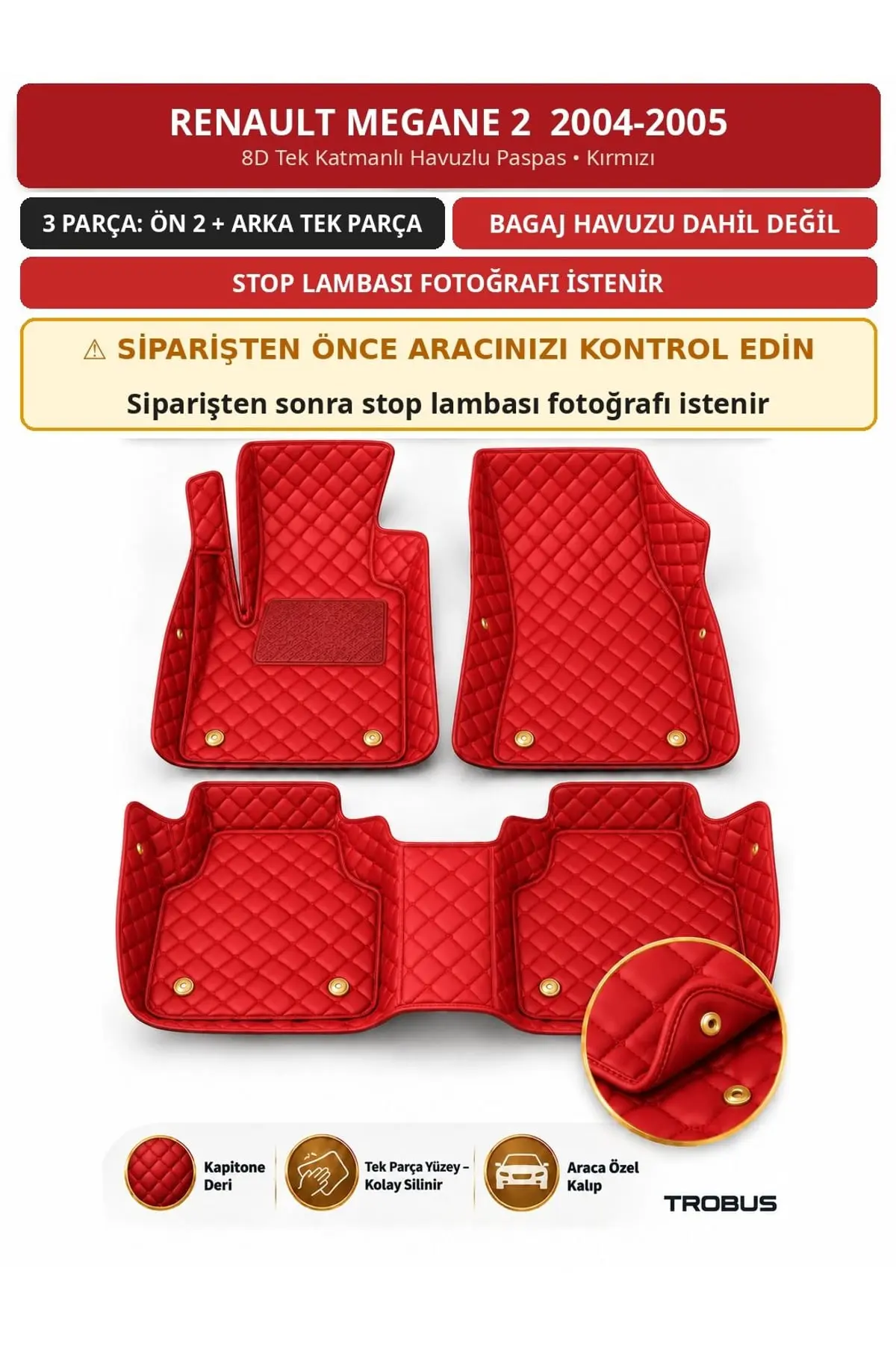 Renault Megane 2 2004-2005 8D Tek Katmanlı Havuzlu Paspas Kapitone Deri Kırmızı 1