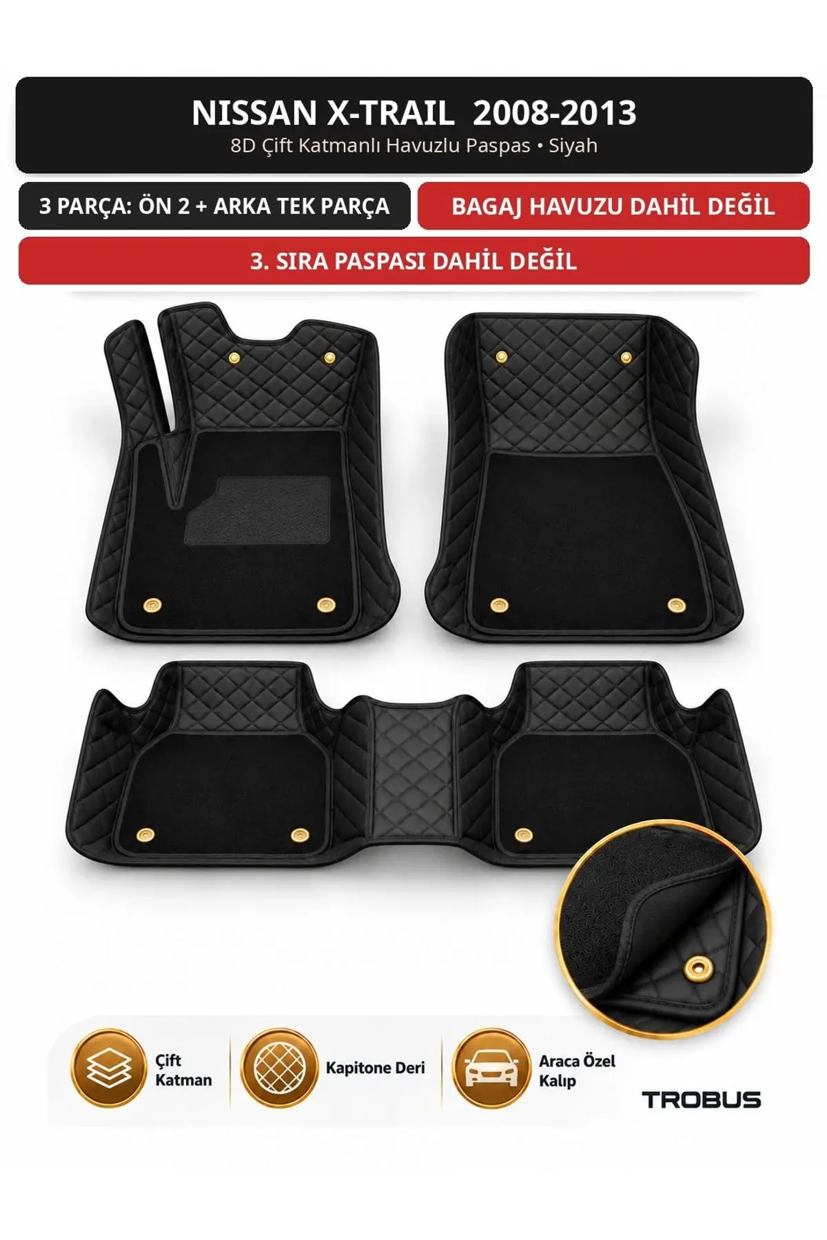Nissan X-Trail 2008-2013 7 Kişilik 8D Çift Katmanlı Havuzlu Paspas Kapitone Deri Siyah 1