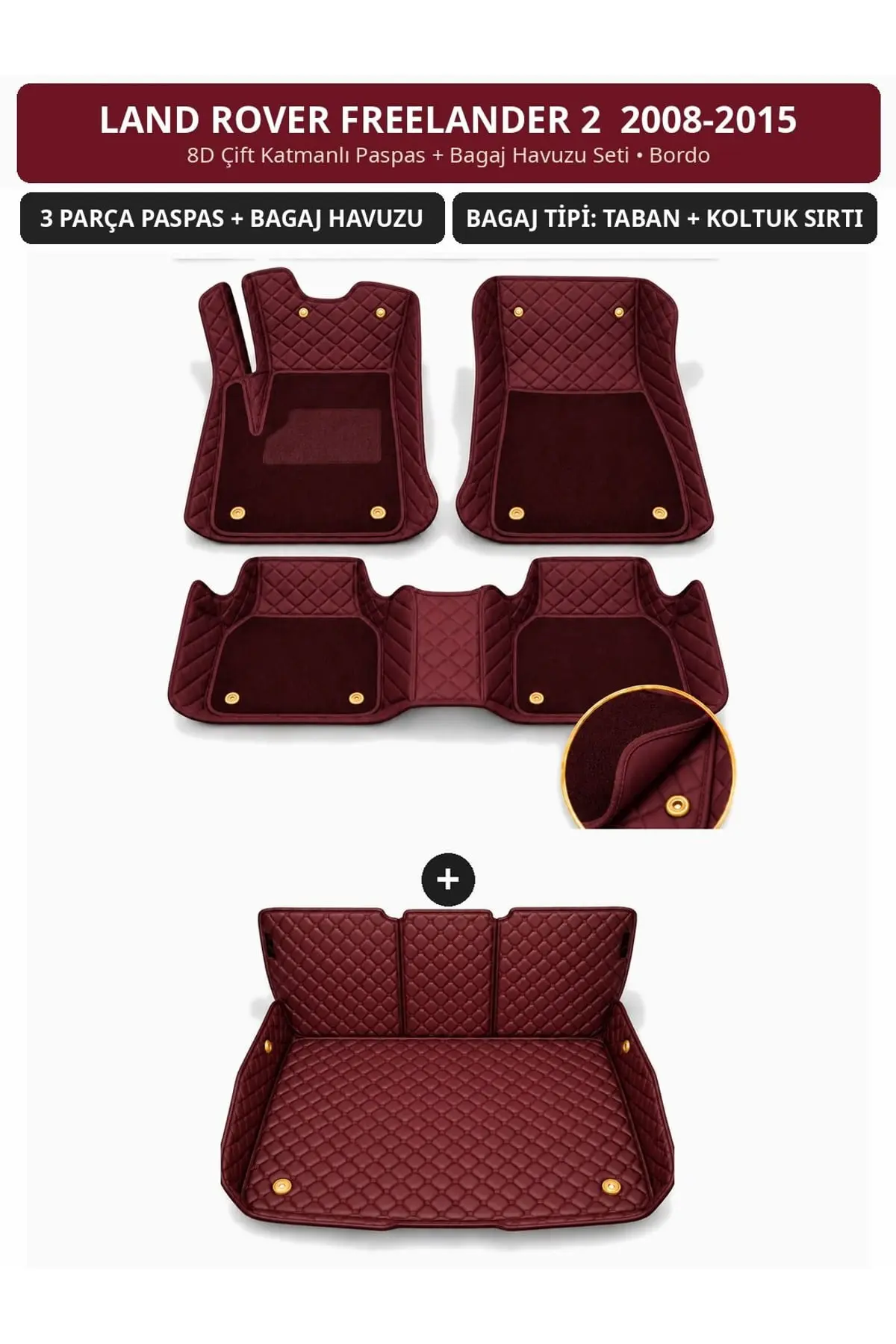 Land Rover Freelander 2 2008-2015 8D Çift Katmanlı Paspas + Bagaj Havuzu Seti Bordo 1