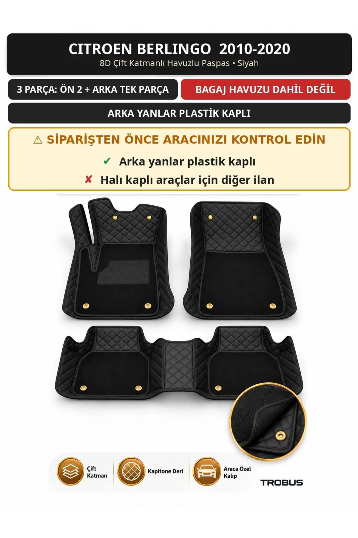 Citroen Berlingo 2010-2020 Arka Yan Plastik 8D Çift Katmanlı Havuzlu Paspas Deri Siyah 1