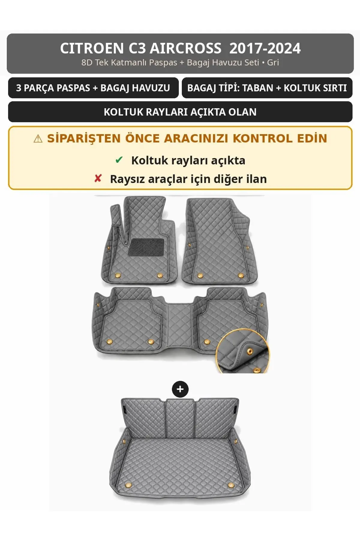 Citroen C3 Aircross 2017-2024 Koltuk Rayı Açık 8D Tek Katmanlı Paspas + Bagaj Havuzu Seti Gri 1