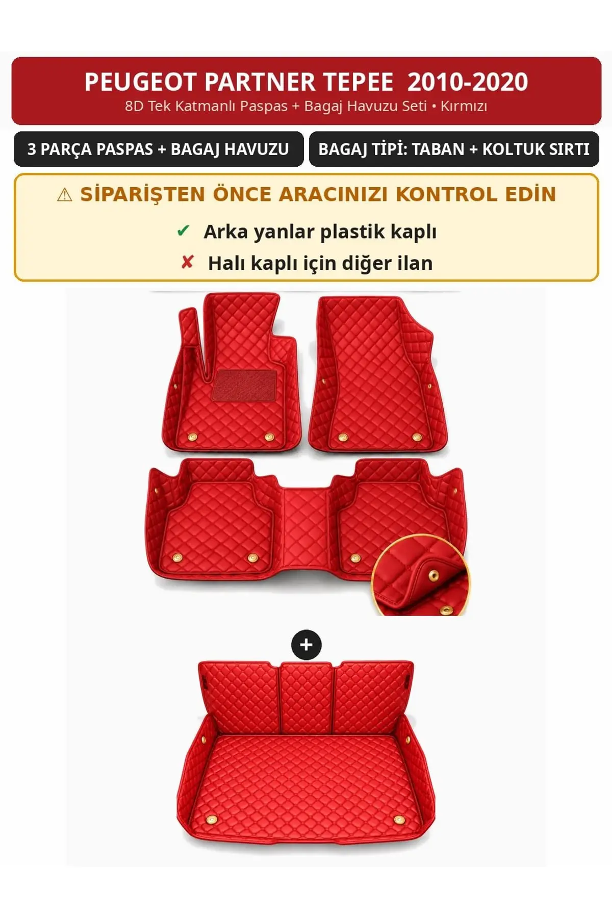 Peugeot Partner Tepee 2010-2020 Arka Yan Plastik 8D Tek Katmanlı Paspas + Bagaj Havuzu Seti Kırmızı 1