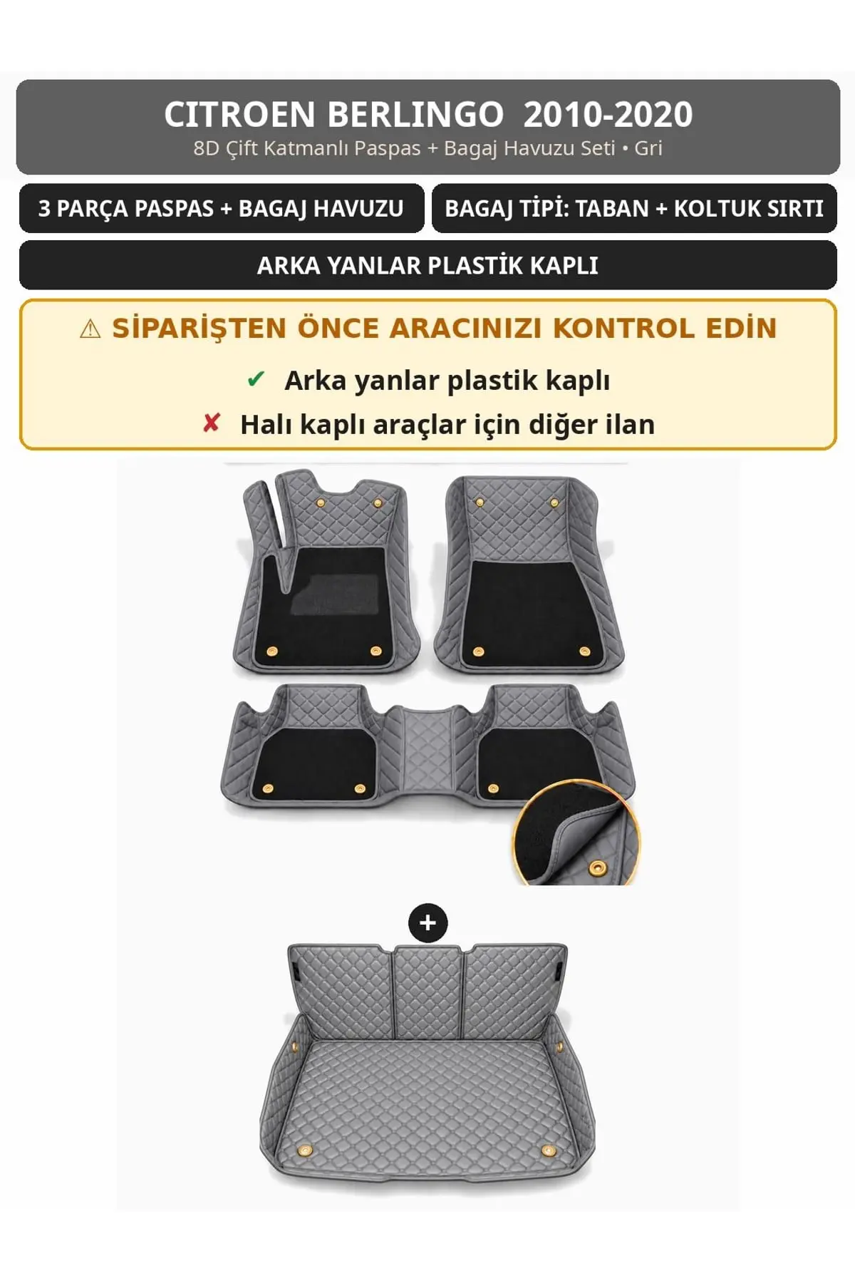 Citroen Berlingo 2010-2020 Arka Yan Plastik 8D Çift Katmanlı Paspas + Bagaj Havuzu Seti Gri 1