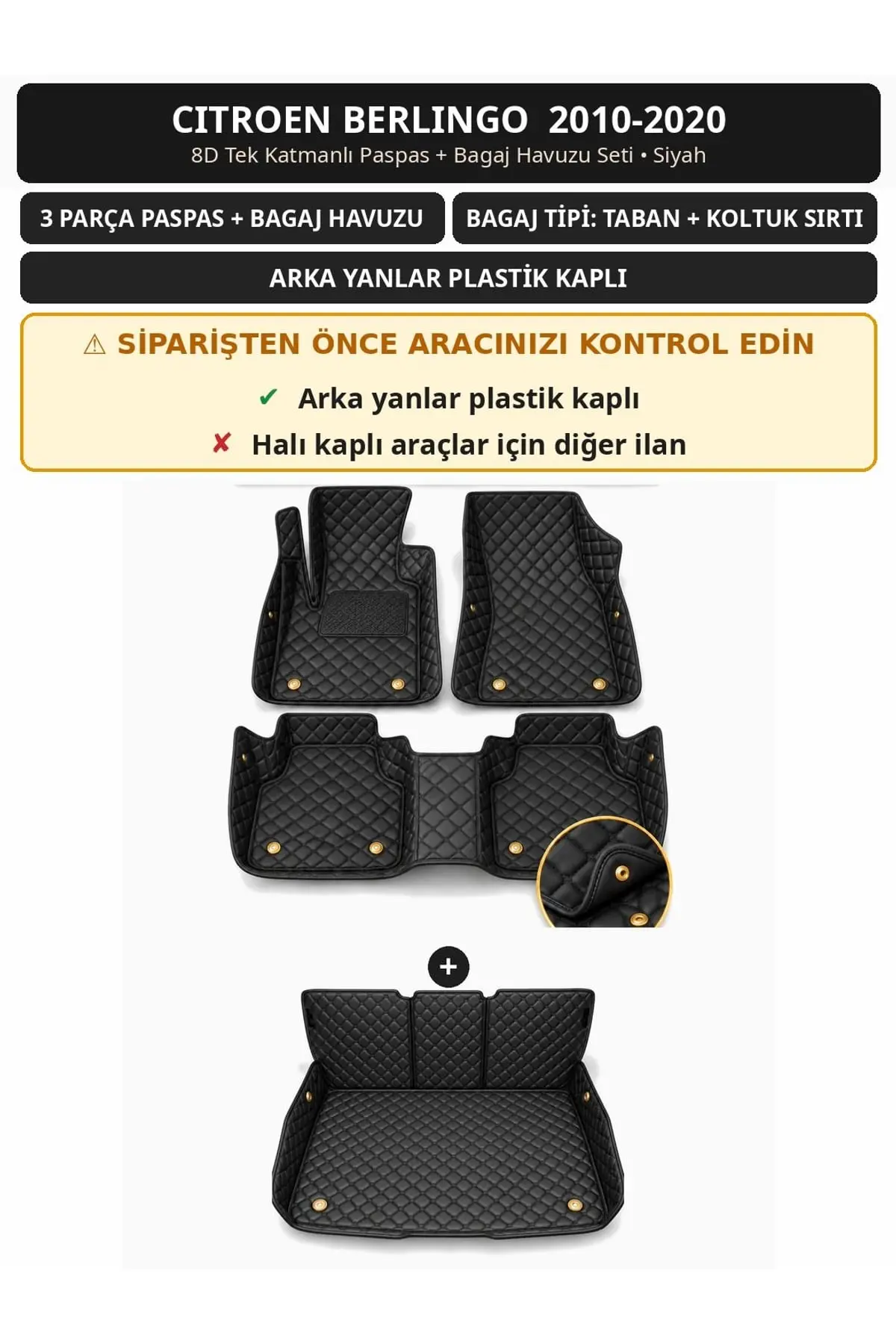 Citroen Berlingo 2010-2020 Arka Yan Plastik 8D Tek Katmanlı Paspas + Bagaj Havuzu Seti Siyah 1