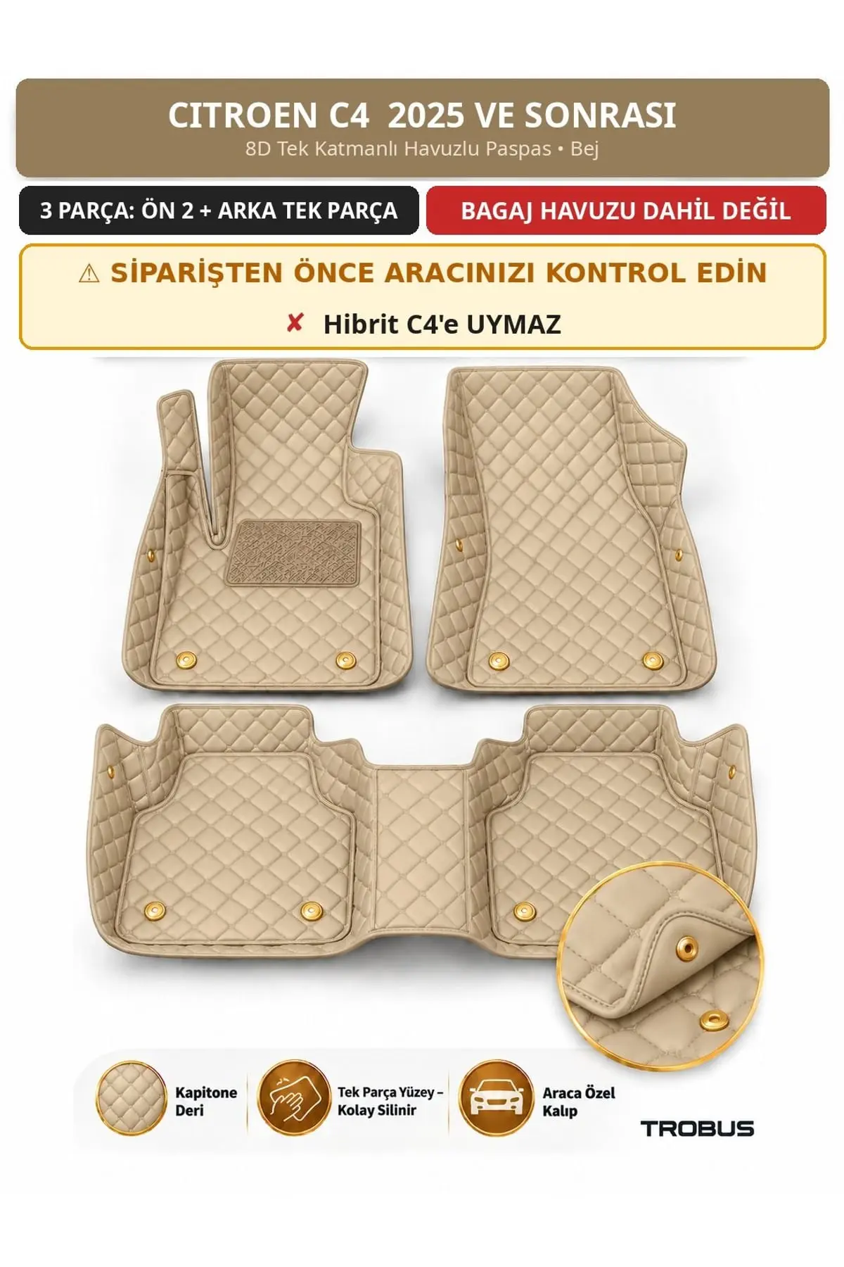 Citroen C4 2025+ Benzinli/Dizel 8D Tek Katmanlı Havuzlu Paspas Kapitone Deri Bej 1