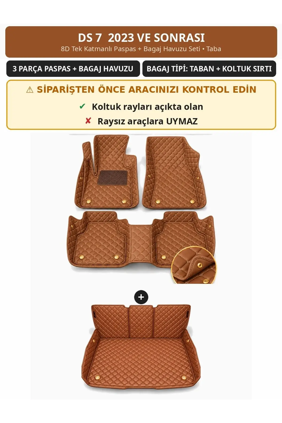 DS 7 2023+ 8D Tek Katmanlı Paspas + Bagaj Havuzu Seti Taba 1
