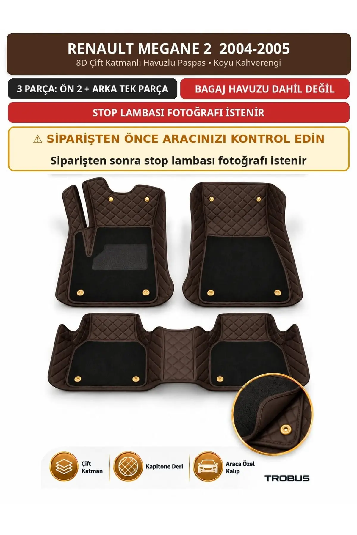 Renault Megane 2 2004-2005 8D Çift Katmanlı Havuzlu Paspas Kapitone Deri Koyu Kahverengi 1