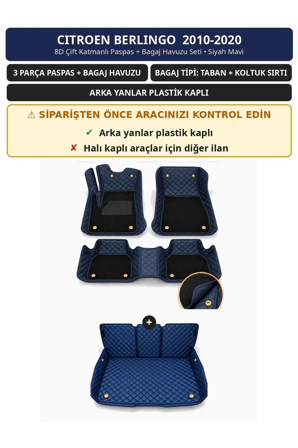 Citroen Berlingo 2010-2020 Arka Yan Plastik 8D Çift Katmanlı Paspas + Bagaj Havuzu Seti Siyah Mavi 1