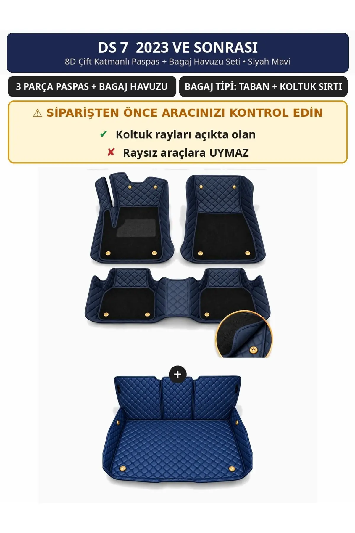 DS 7 2023+ 8D Çift Katmanlı Paspas + Bagaj Havuzu Seti Siyah Mavi 1