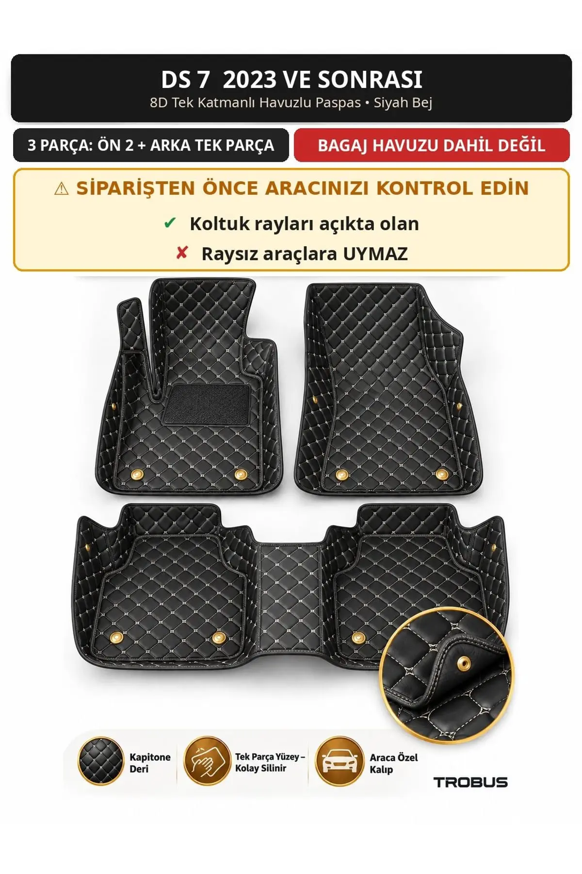 DS 7 2023+ 8D Tek Katmanlı Havuzlu Paspas Kapitone Deri Siyah Bej 1