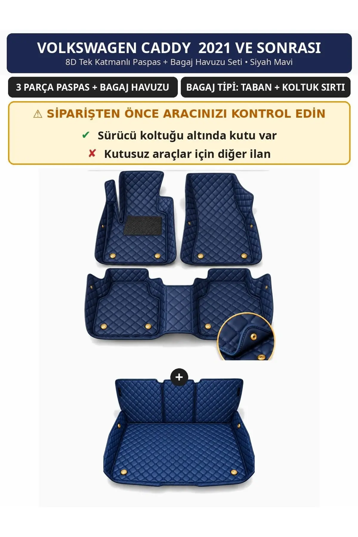 Volkswagen Caddy 2021+ Sürücü Altı Kutulu 8D Tek Katmanlı Paspas + Bagaj Havuzu Seti Siyah Mavi 1