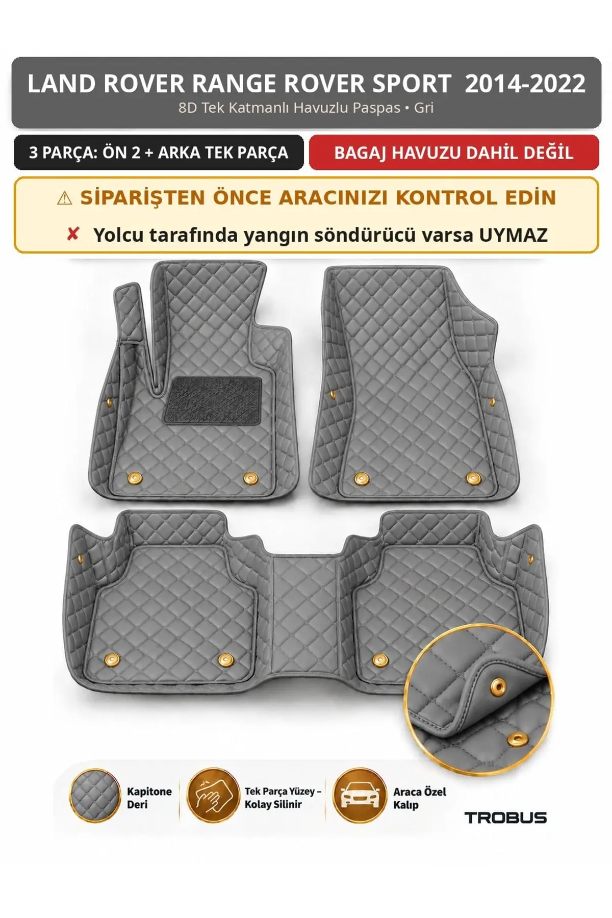 Land Rover Range Rover Sport 2014-2022 8D Tek Katmanlı Havuzlu Paspas Kapitone Deri Gri 1