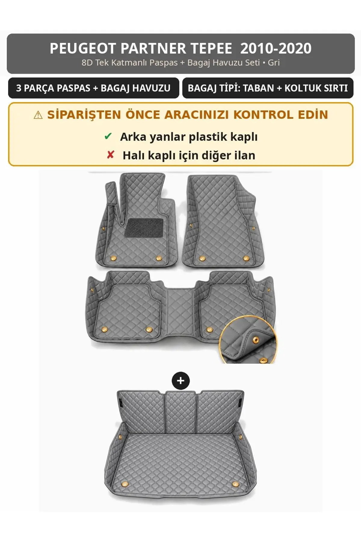 Peugeot Partner Tepee 2010-2020 Arka Yan Plastik 8D Tek Katmanlı Paspas + Bagaj Havuzu Seti Gri 1