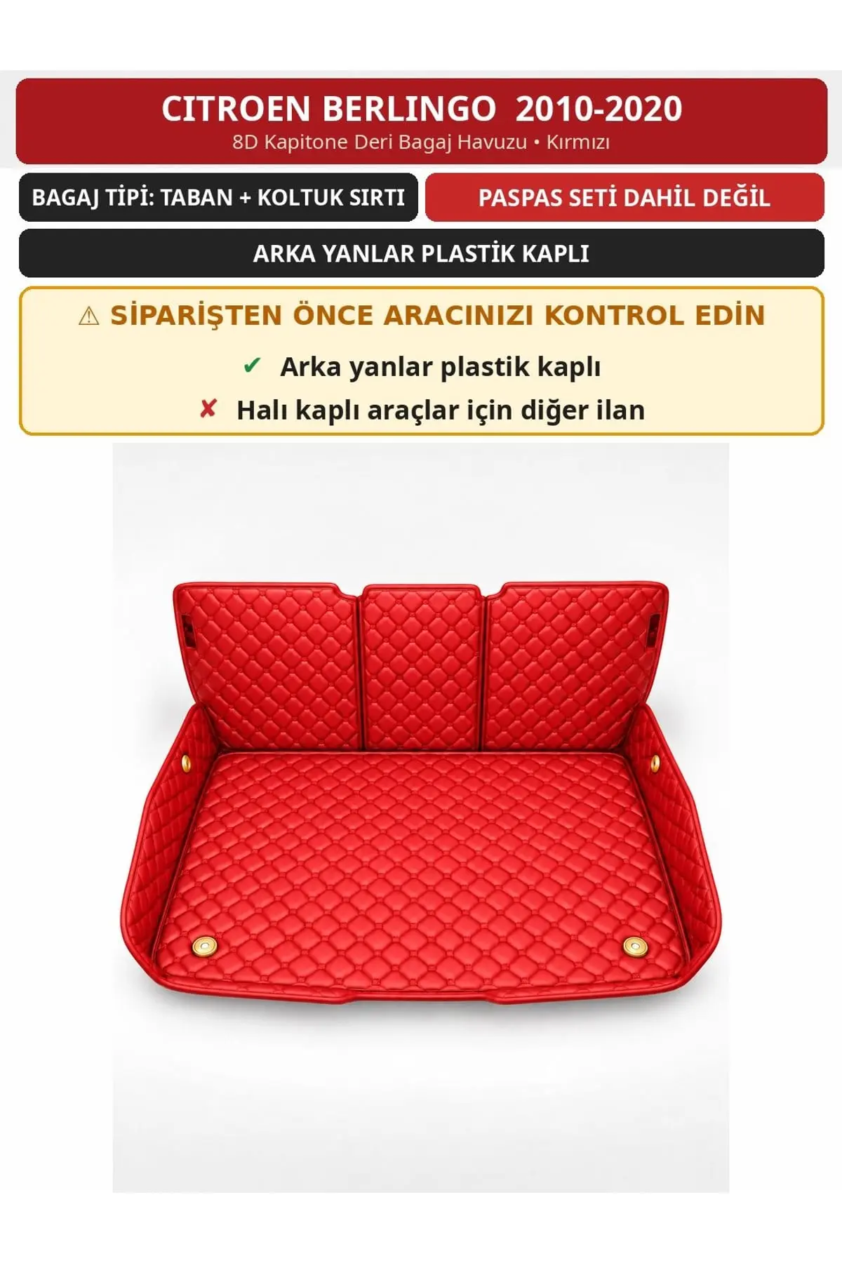 Citroen Berlingo 2010-2020 Arka Yan Plastik 8D Deri Bagaj Havuzu Sırt Kaplamalı Kırmızı 1